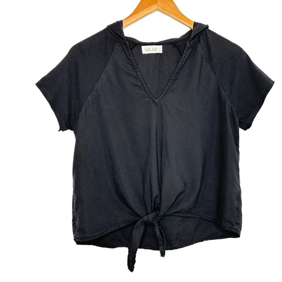 Bella Dahl Womens Hooded Tie Front Short Sleeve Crop Top Blouse Sz Small Black - Picture 1 of 7